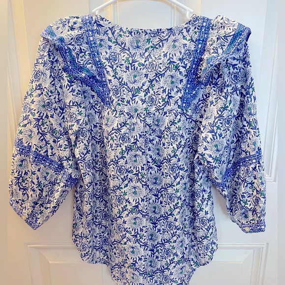 LOFT Ruffle Bib Tie Neck Blouse - Blue - SP - Picture 5 of 10
